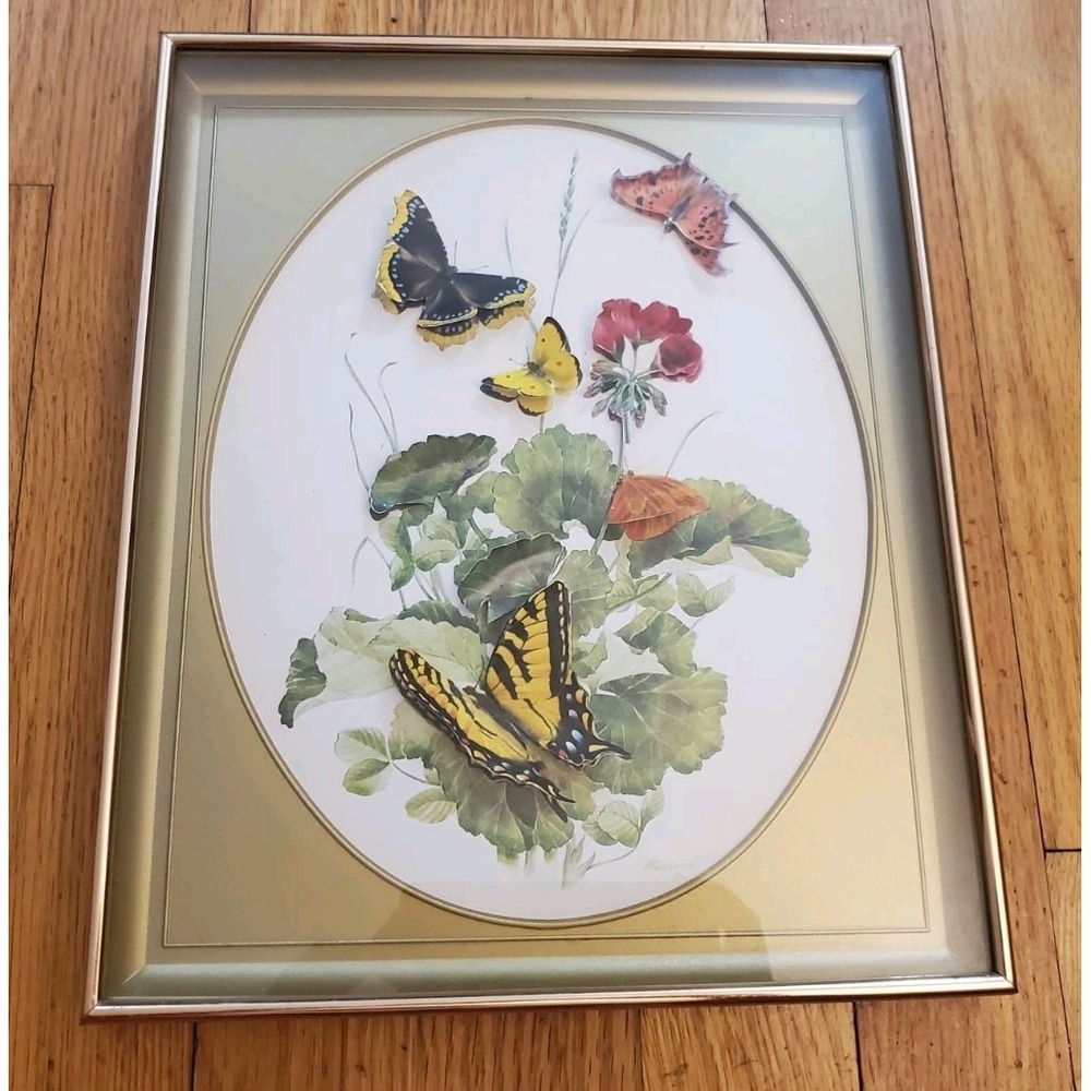 Vintage 3D Paper Tole Butterfly Art Framed Shadow Box Flowers Botanical Gallery